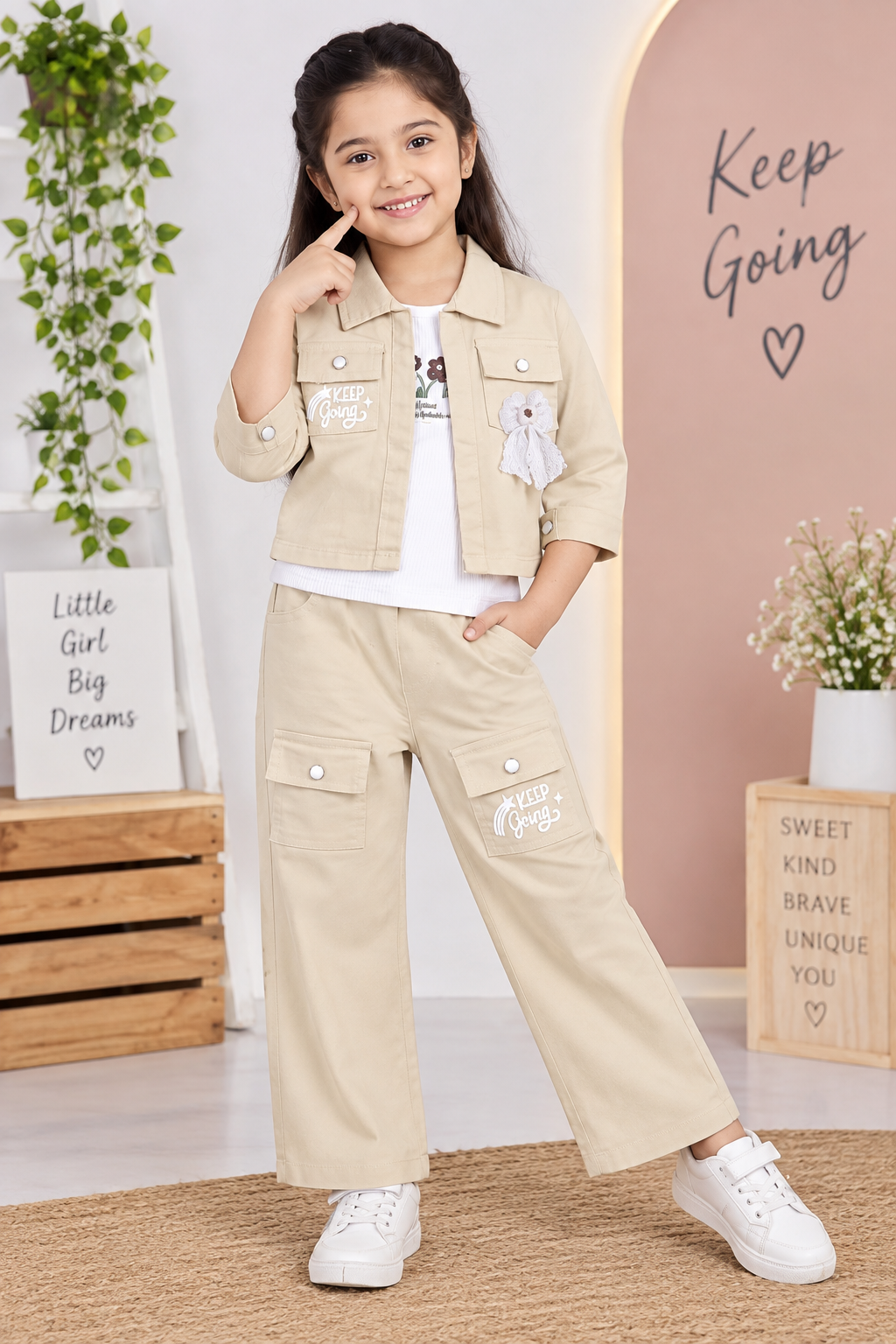 Girls Beige Jacket & Cargo Pant 3-Piece Set
