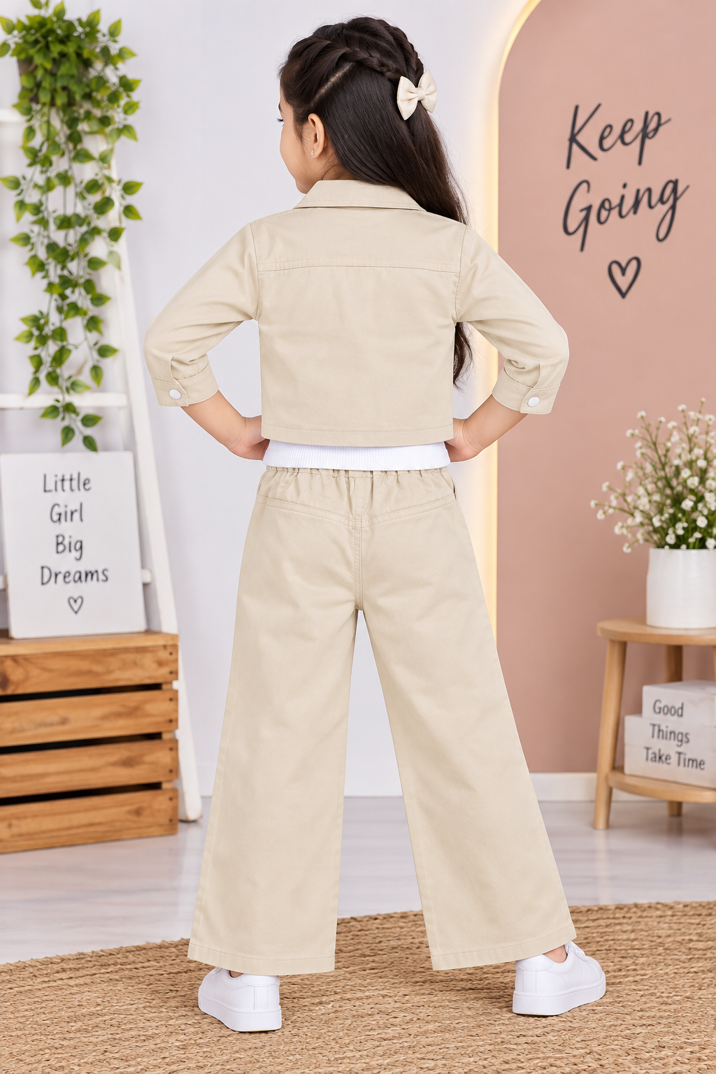 Girls Beige Jacket & Cargo Pant 3-Piece Set