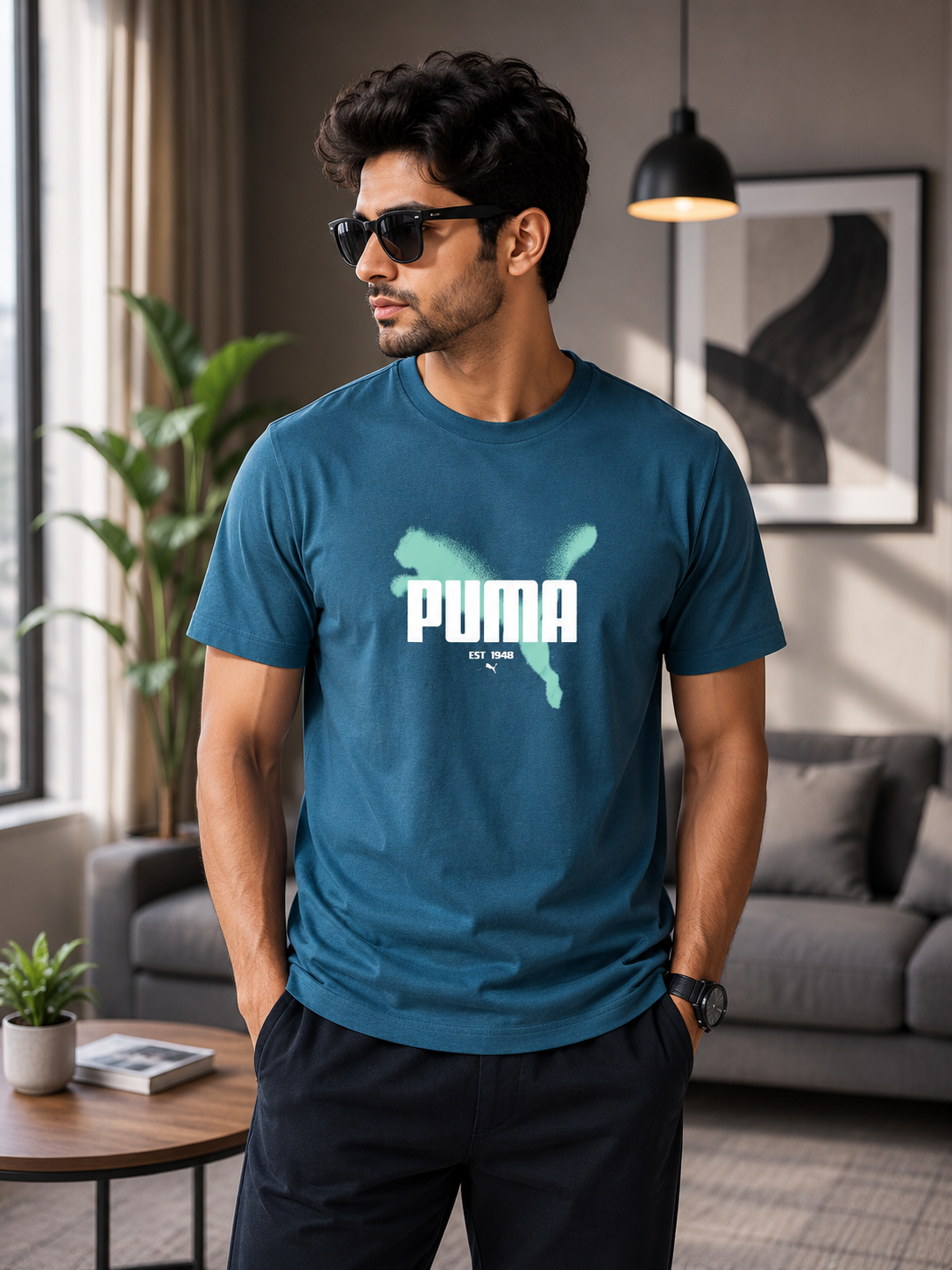 PUMA Men’s Teal Blue Graphic Print T-Shirt