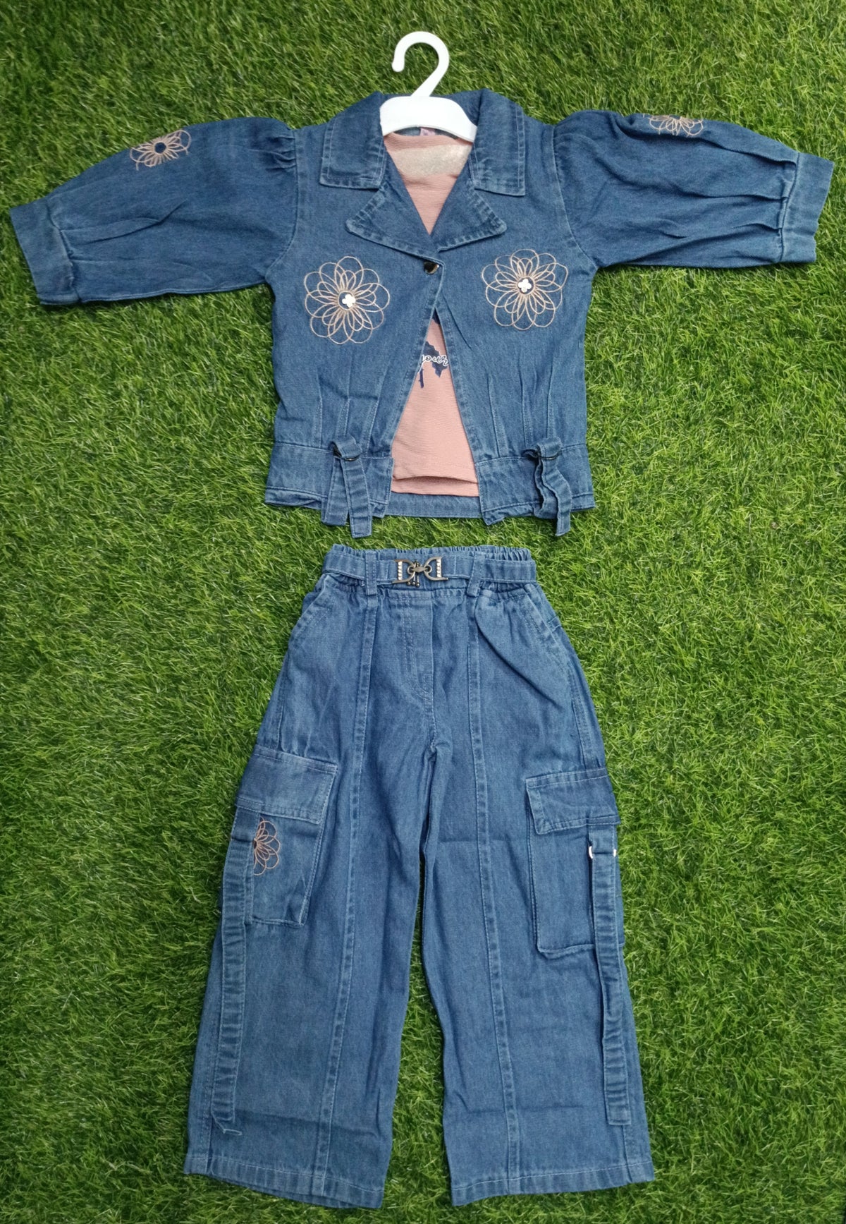 Girls Blue Denim Jacket & Cargo Pant 3-Piece Set