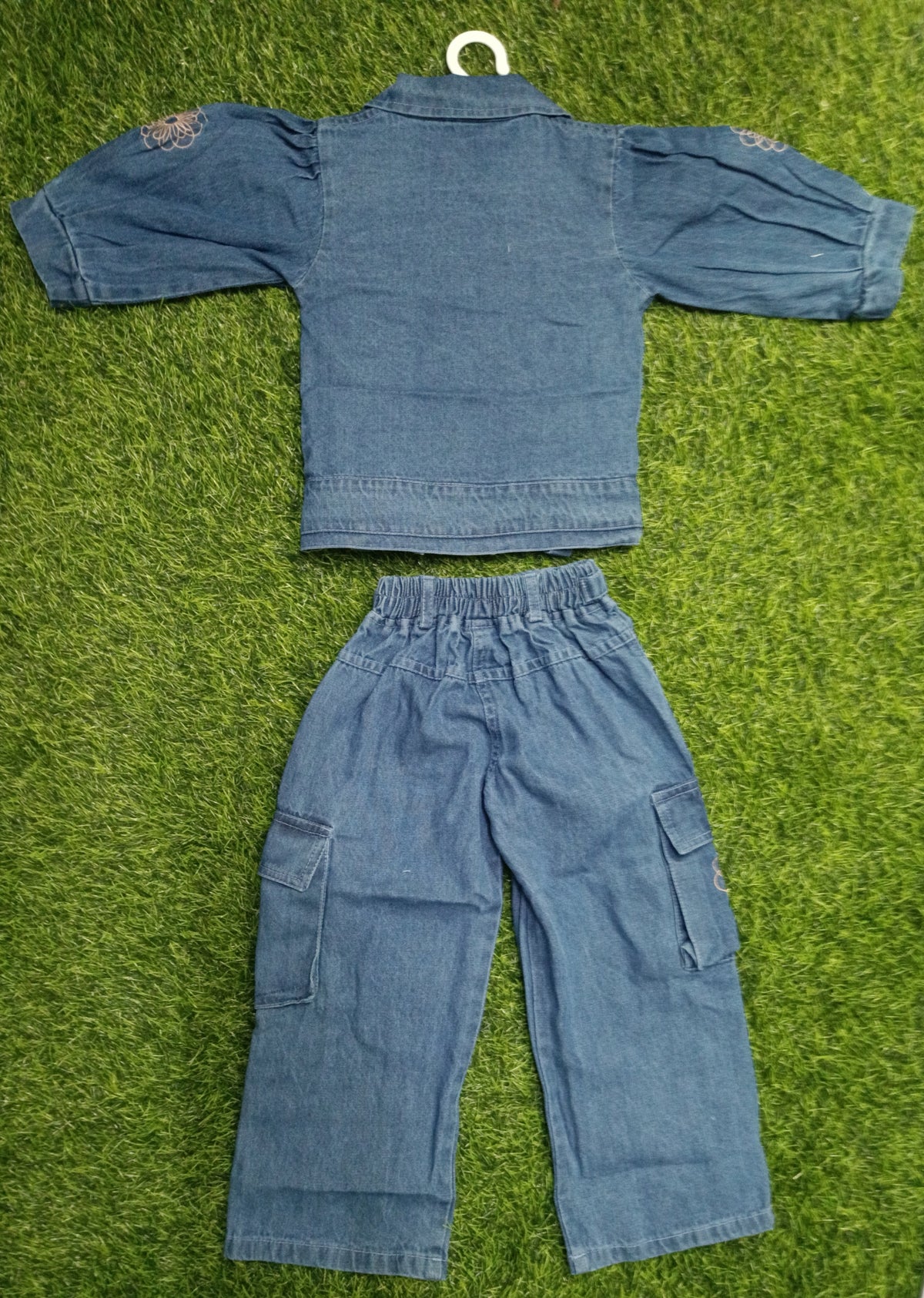 Girls Blue Denim Jacket & Cargo Pant 3-Piece Set