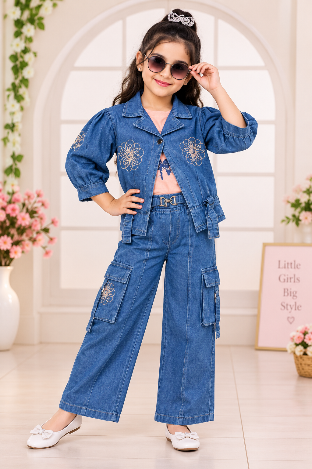 Girls Blue Denim Jacket & Cargo Pant 3-Piece Set