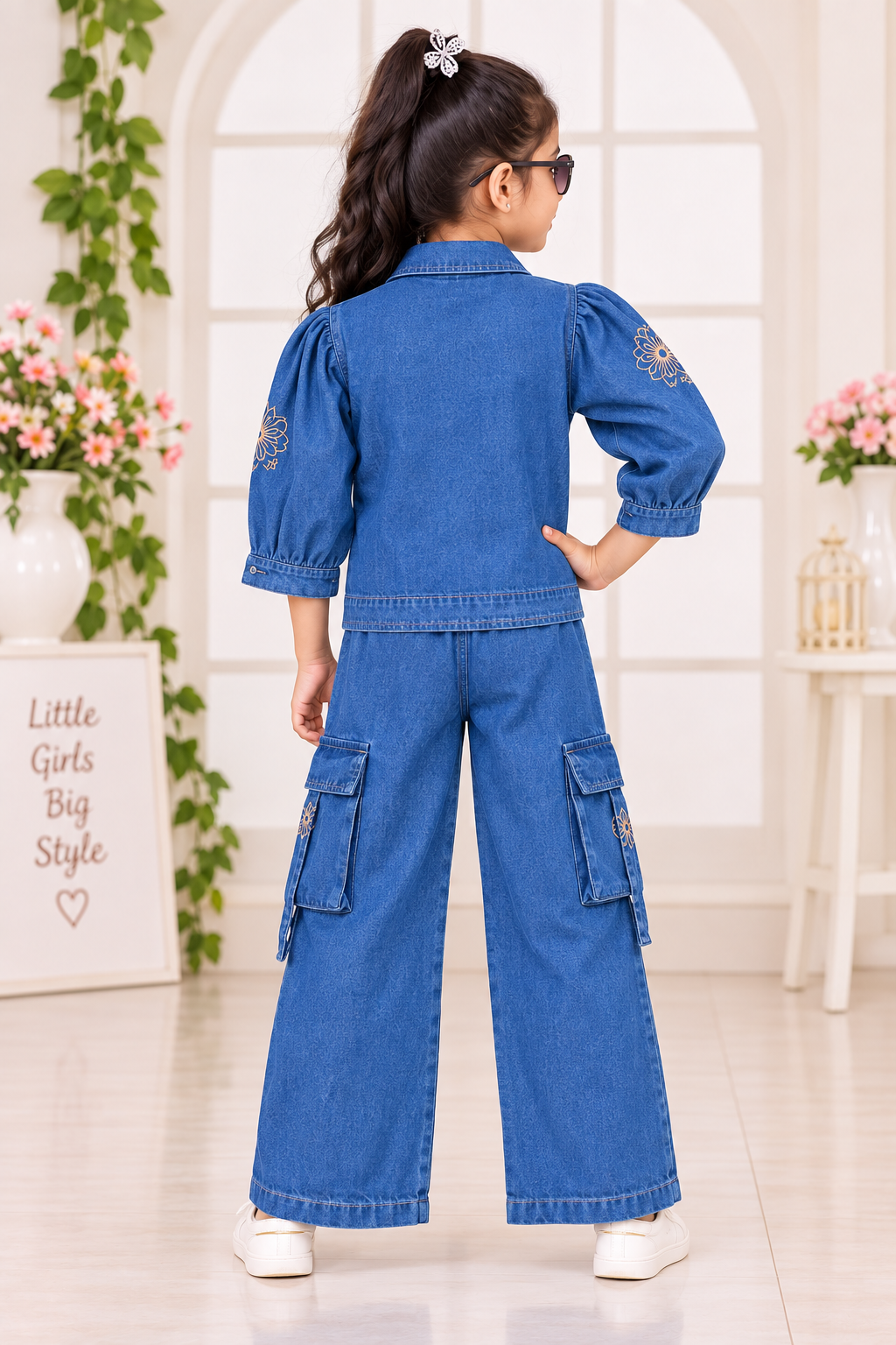 Girls Blue Denim Jacket & Cargo Pant 3-Piece Set
