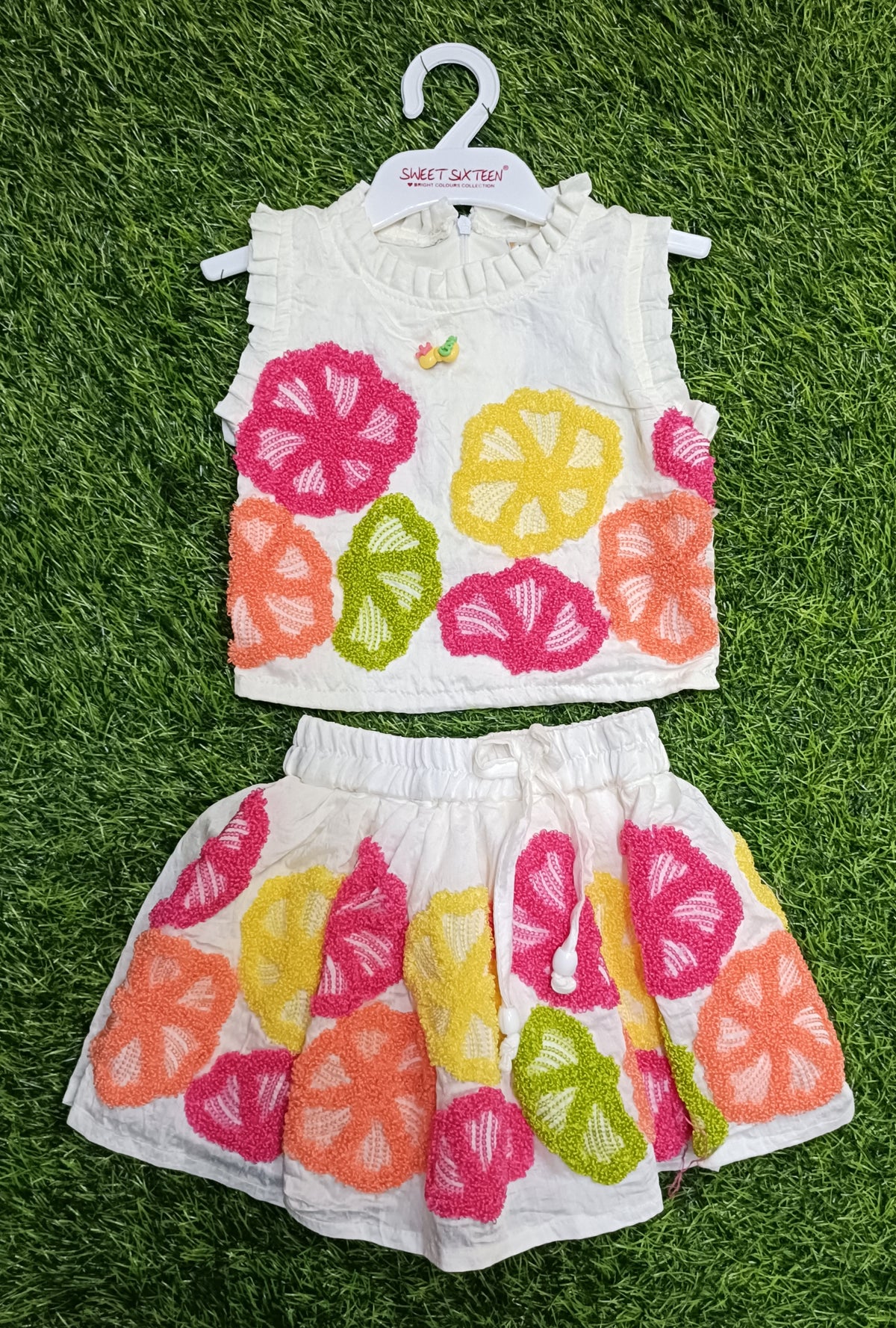 Girls Off White Multicolour Floral Top & Skirt Set