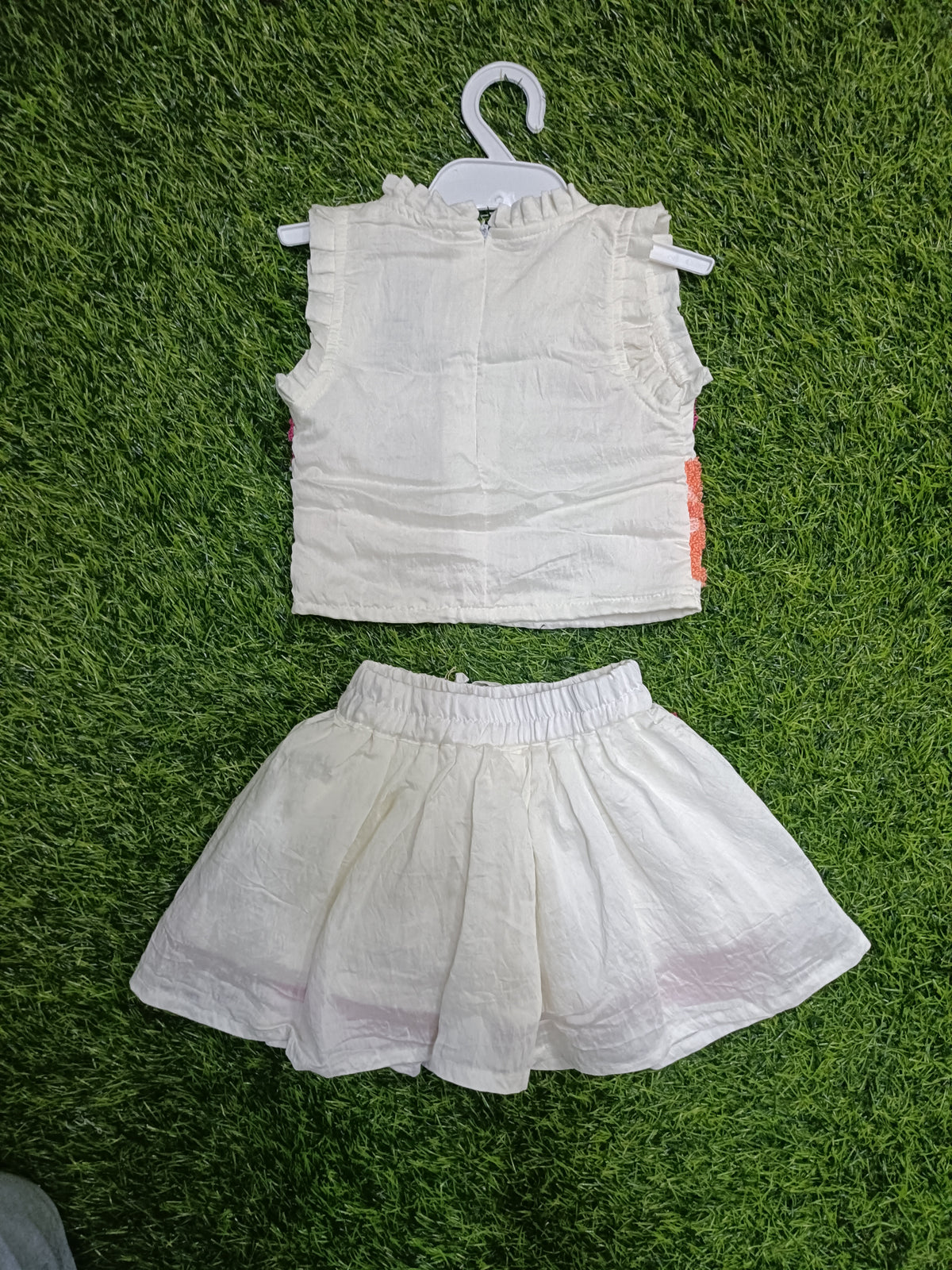 Girls Off White Multicolour Floral Top & Skirt Set