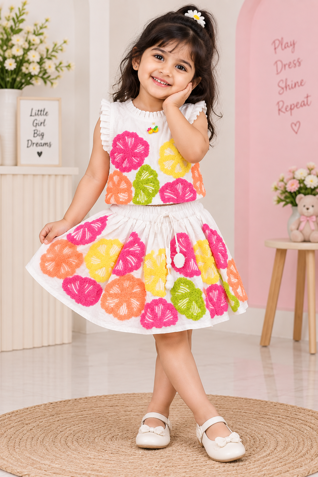 Girls Off White Multicolour Floral Top & Skirt Set
