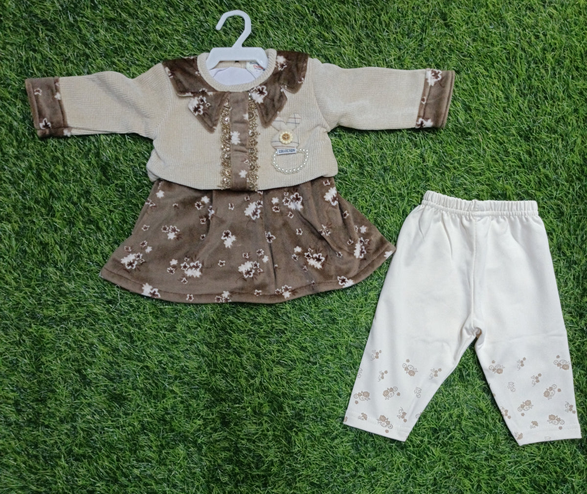 Girls Beige & Brown Floral Frock with Cream Legging Set