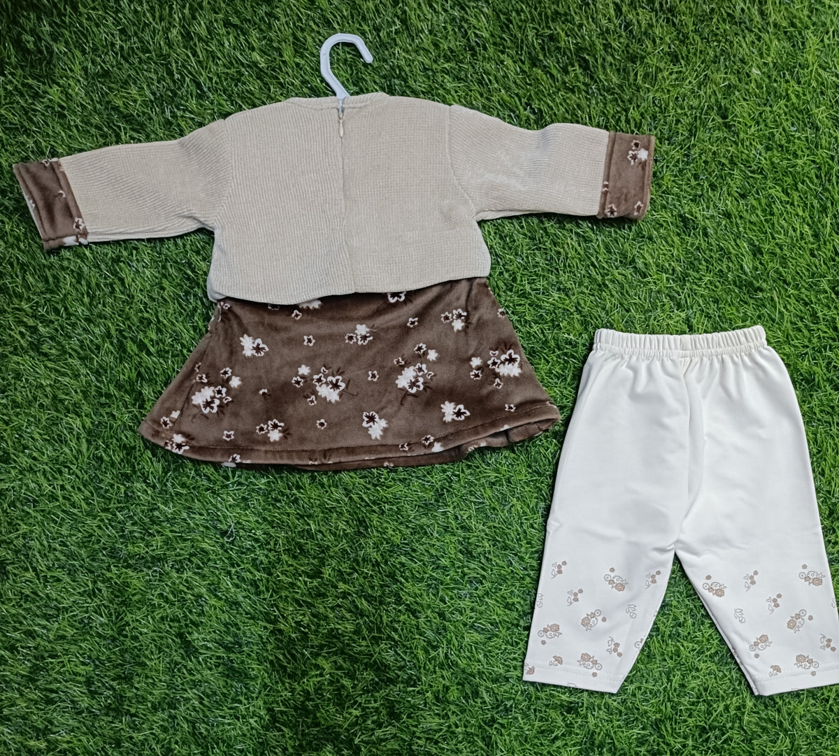 Girls Beige & Brown Floral Frock with Cream Legging Set