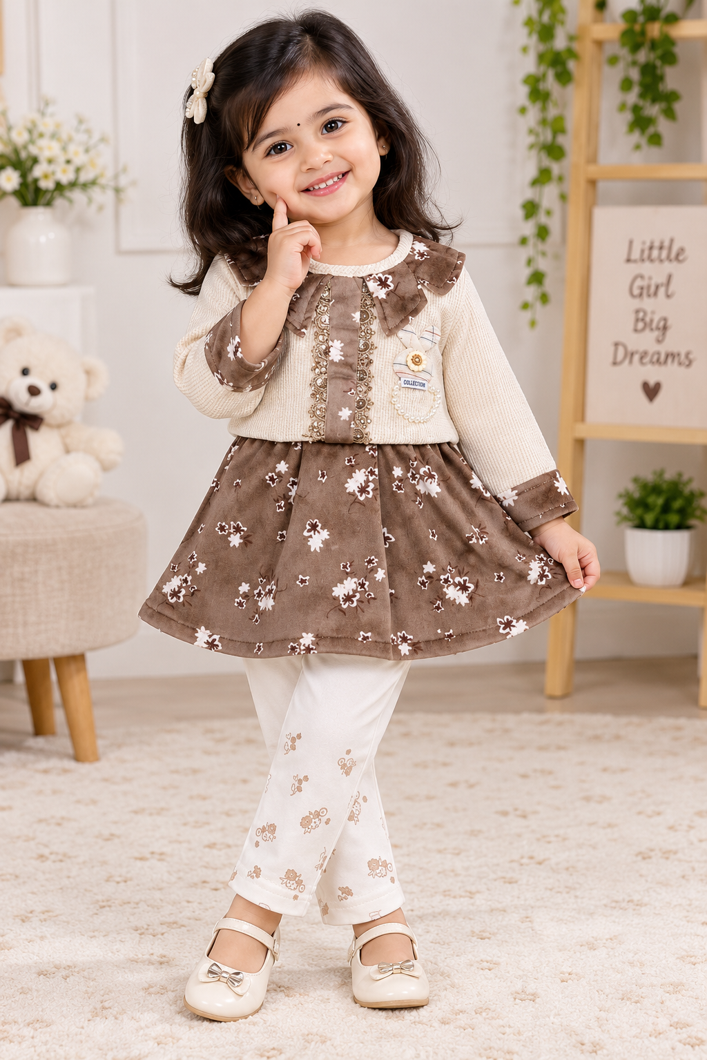 Girls Beige & Brown Floral Frock with Cream Legging Set
