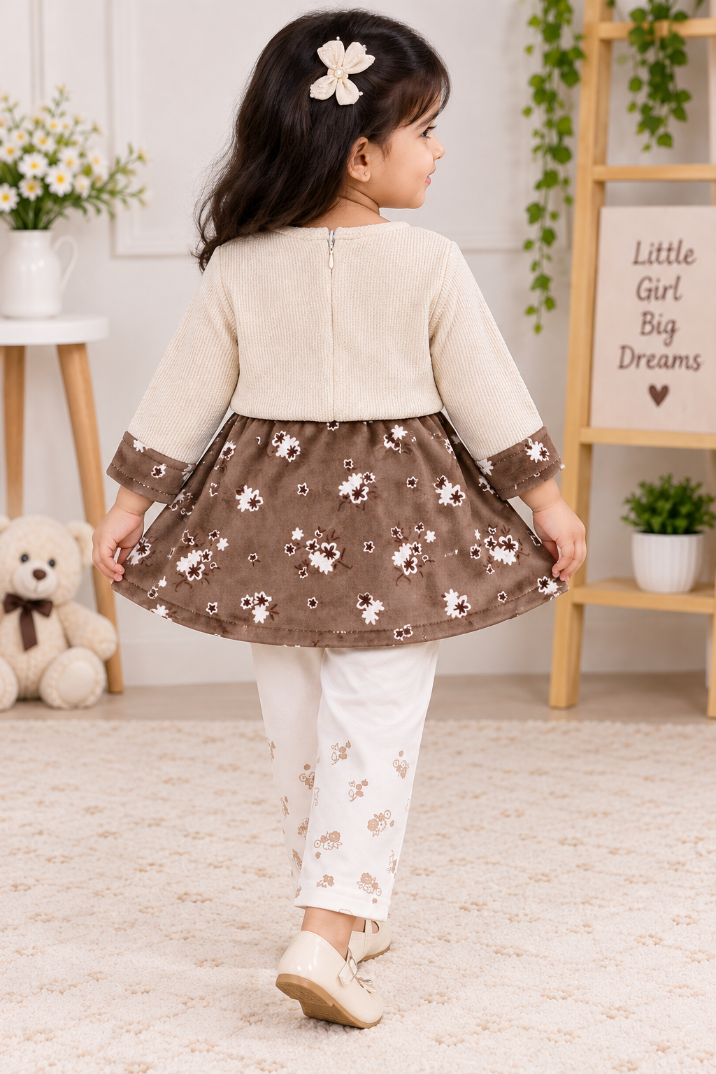 Girls Beige & Brown Floral Frock with Cream Legging Set