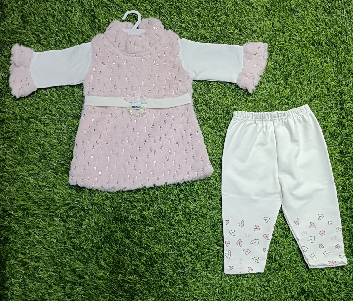 Girls Baby Pink Furry Frock & White Heart Print Legging Set