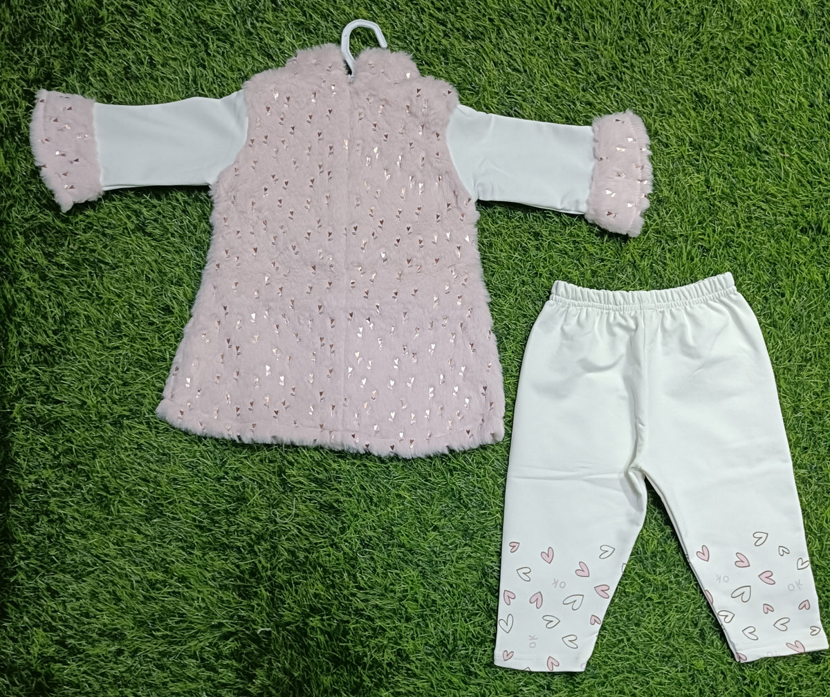 Girls Baby Pink Furry Frock & White Heart Print Legging Set
