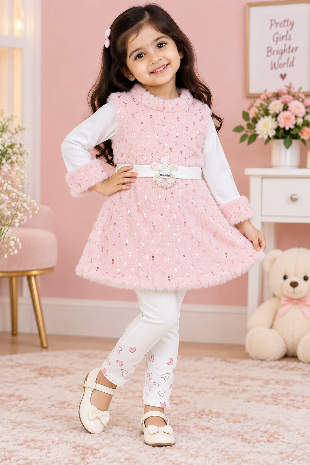 Girls Baby Pink Furry Frock & White Heart Print Legging Set