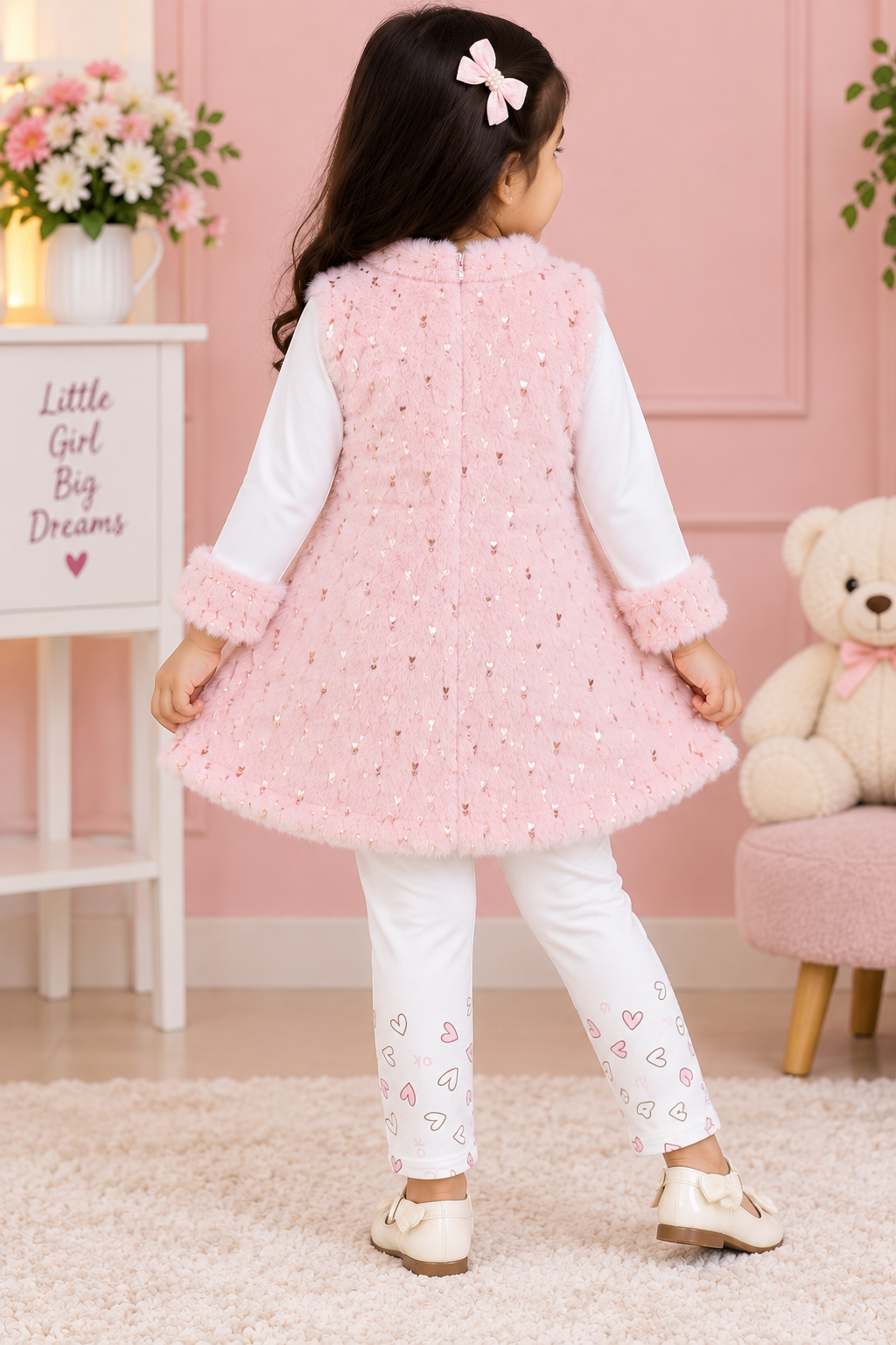 Girls Baby Pink Furry Frock & White Heart Print Legging Set