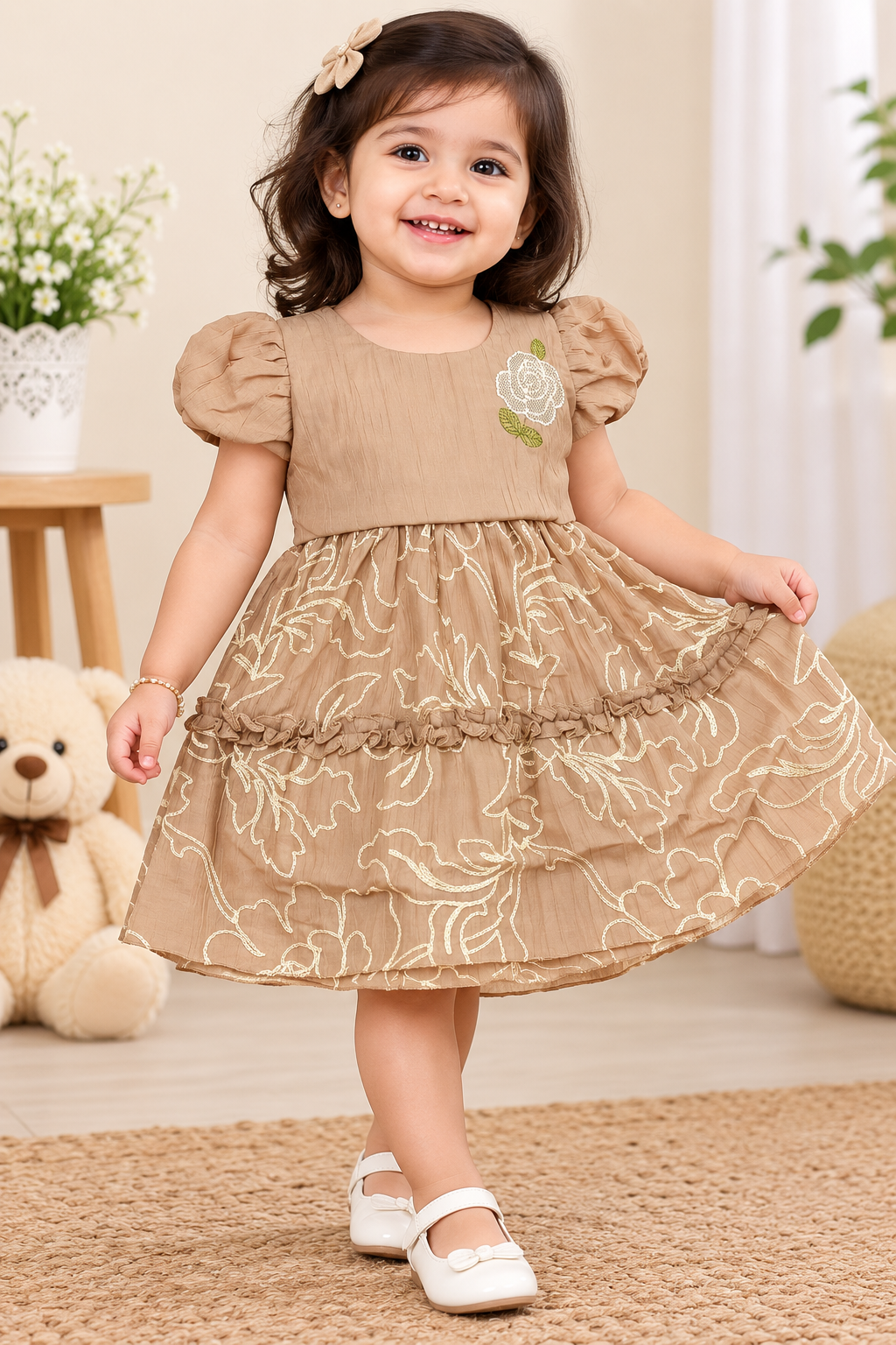 Girls Dusty Mauve & Mocha Brown Floral Puff Sleeve Party Wear Frock