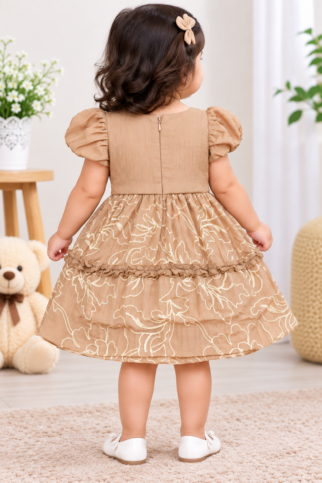 Girls Dusty Mauve & Mocha Brown Floral Puff Sleeve Party Wear Frock