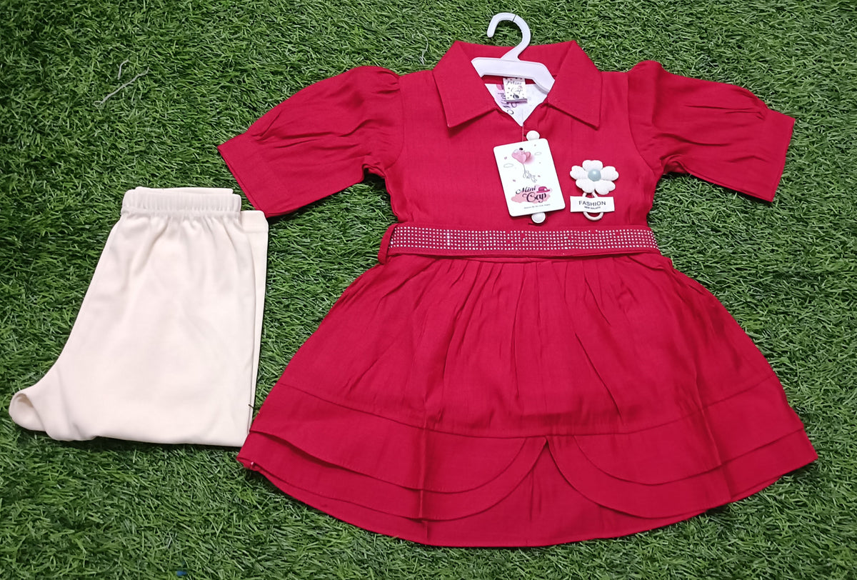 Girls Dark Pink Collared Puff Sleeve Frock with Cream Leggings