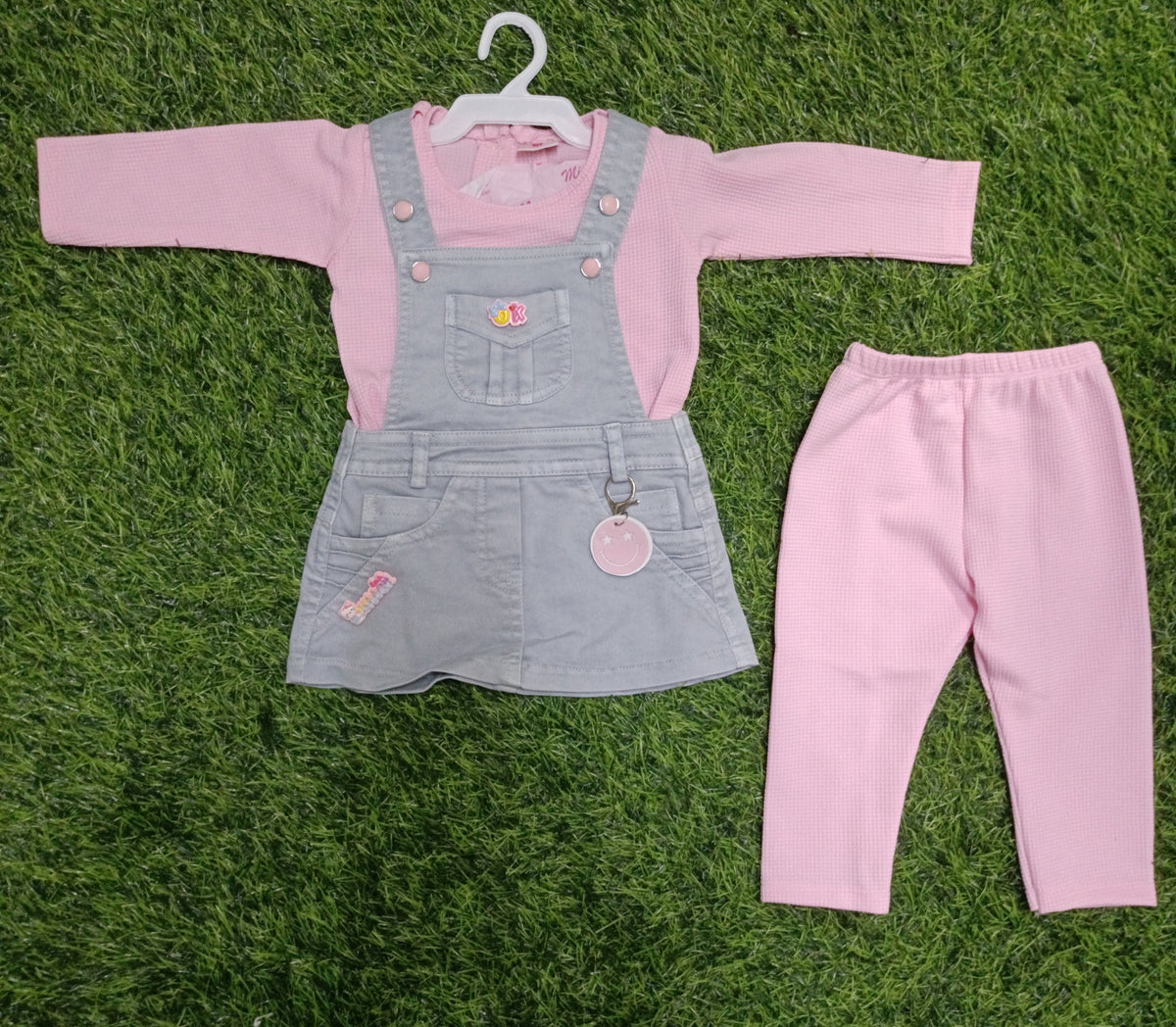 Girls Pink Top, Grey Dungaree Dress & Legging Set
