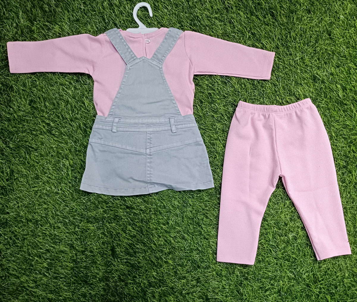 Girls Pink Top, Grey Dungaree Dress & Legging Set