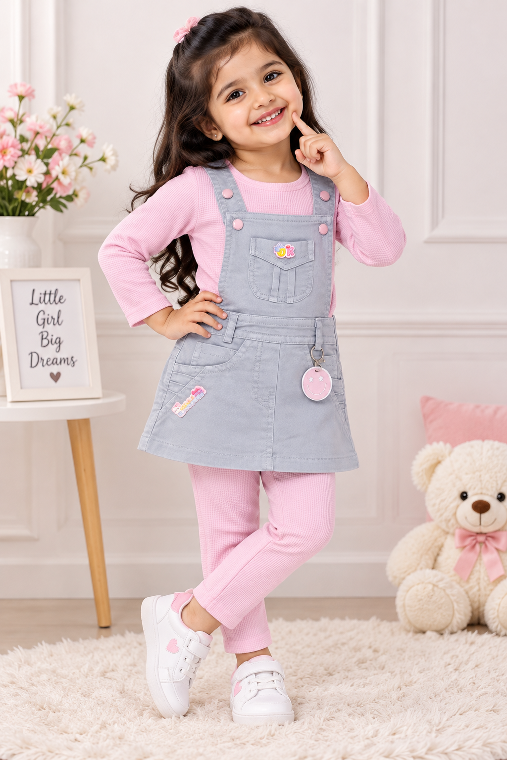 Girls Pink Top, Grey Dungaree Dress & Legging Set