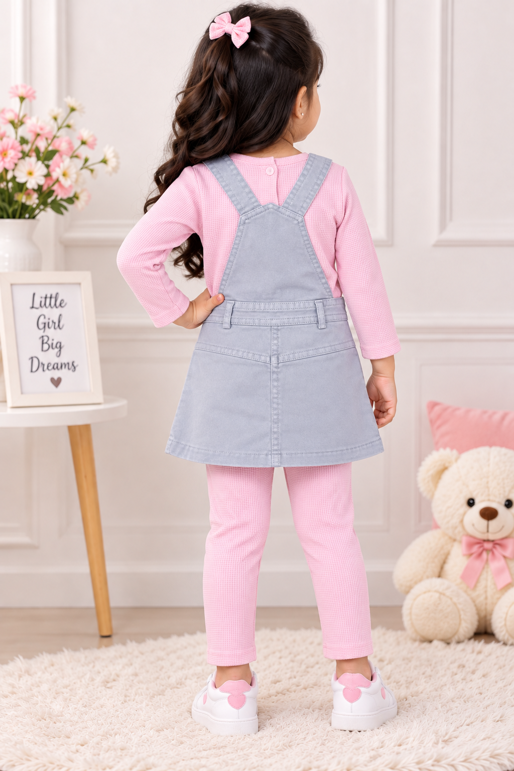 Girls Pink Top, Grey Dungaree Dress & Legging Set