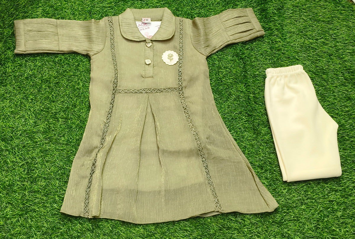 Girls Olive Green Collared Party Wear Dress