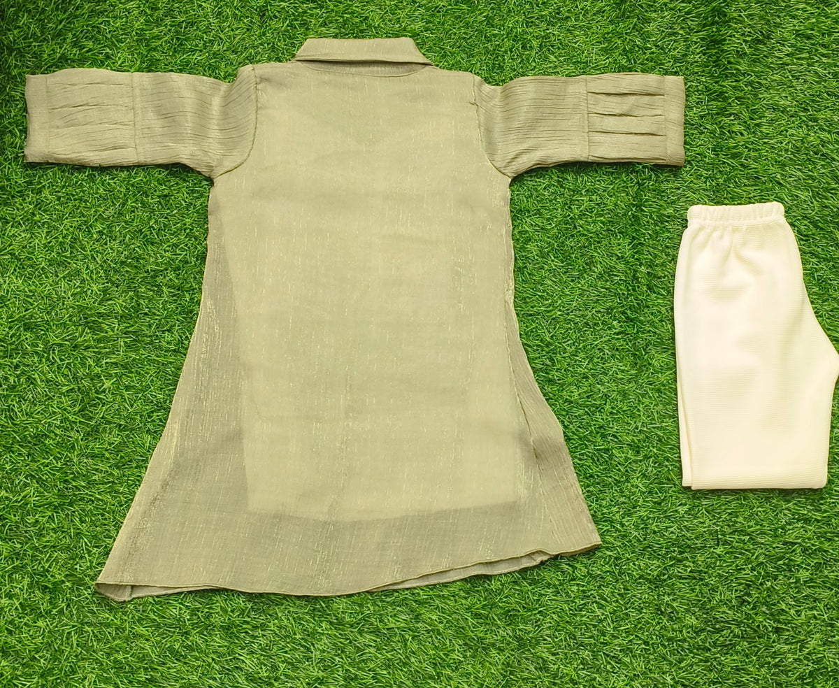 Girls Olive Green Collared Party Wear Dress