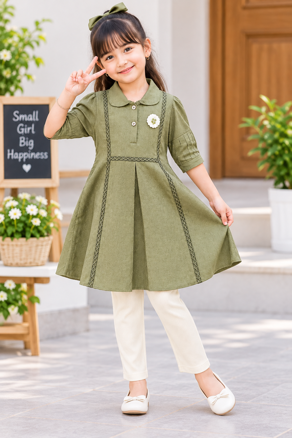 Girls Olive Green Collared Party Wear Dress
