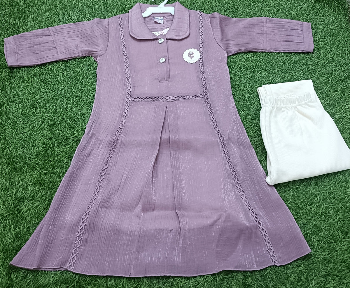 Girls Purple A-Line Dress with Cream Leggings