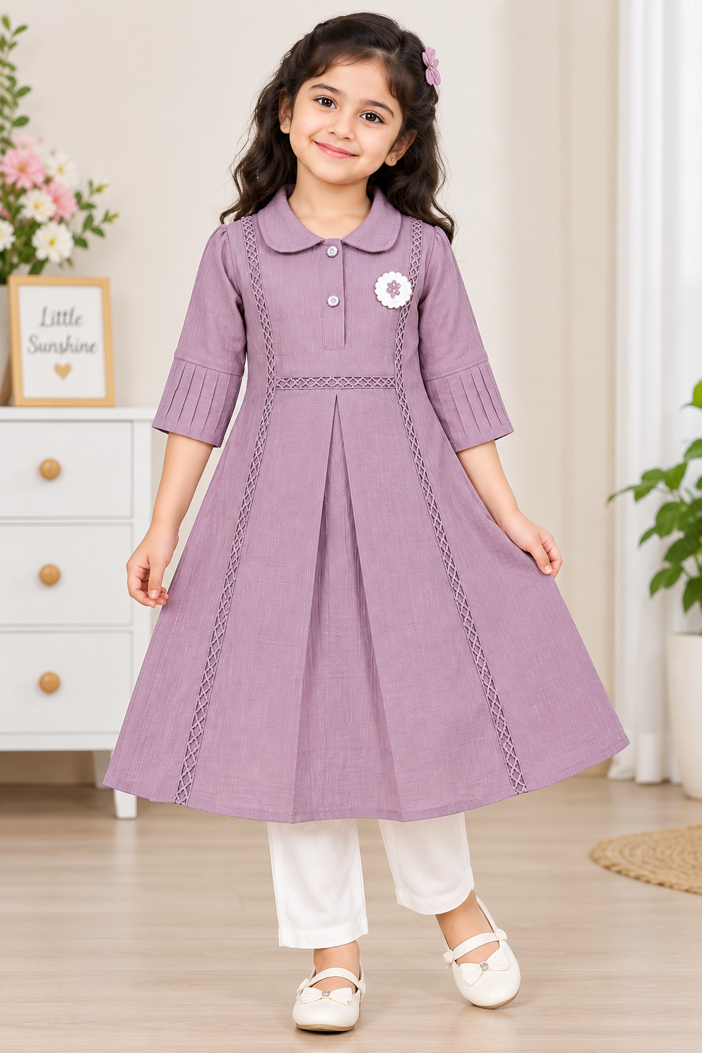 Girls Purple A-Line Dress with Cream Leggings