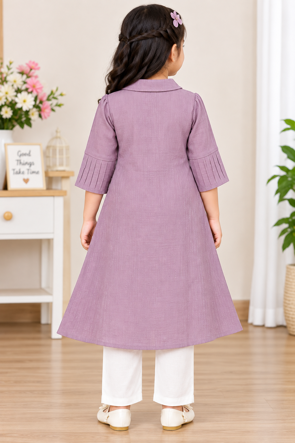 Girls Purple A-Line Dress with Cream Leggings