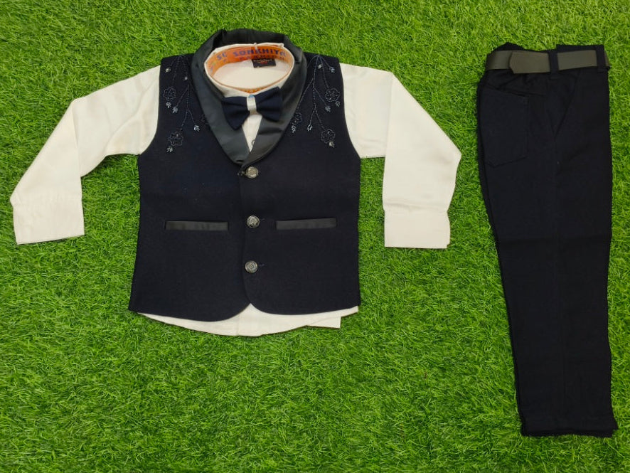 Boys Navy Blue and White Waistcoat, Shirt, Bowtie, and Pant Set
