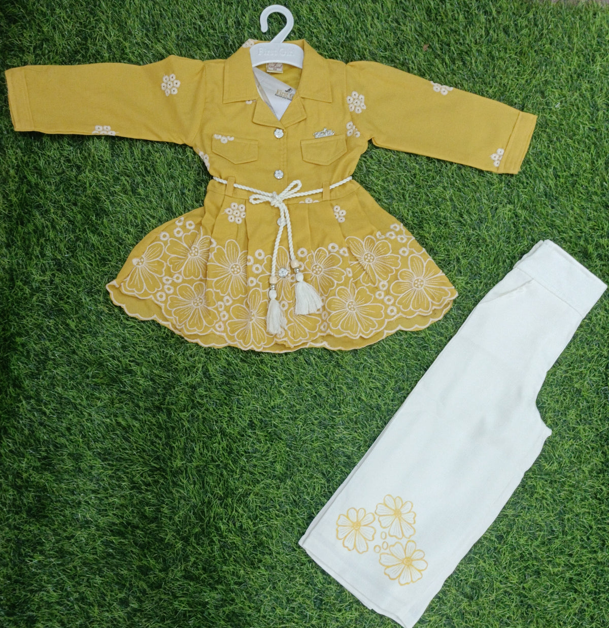 Girls Haldi Yellow Floral Embroidered Top & White Palazzo Pant Set