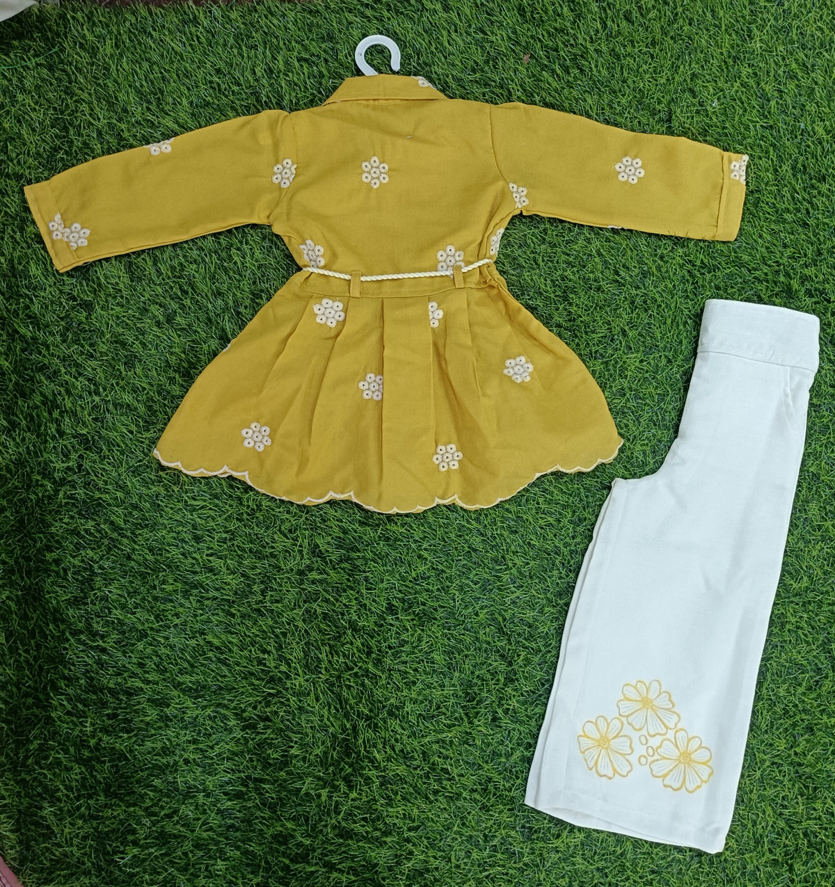 Girls Haldi Yellow Floral Embroidered Top & White Palazzo Pant Set