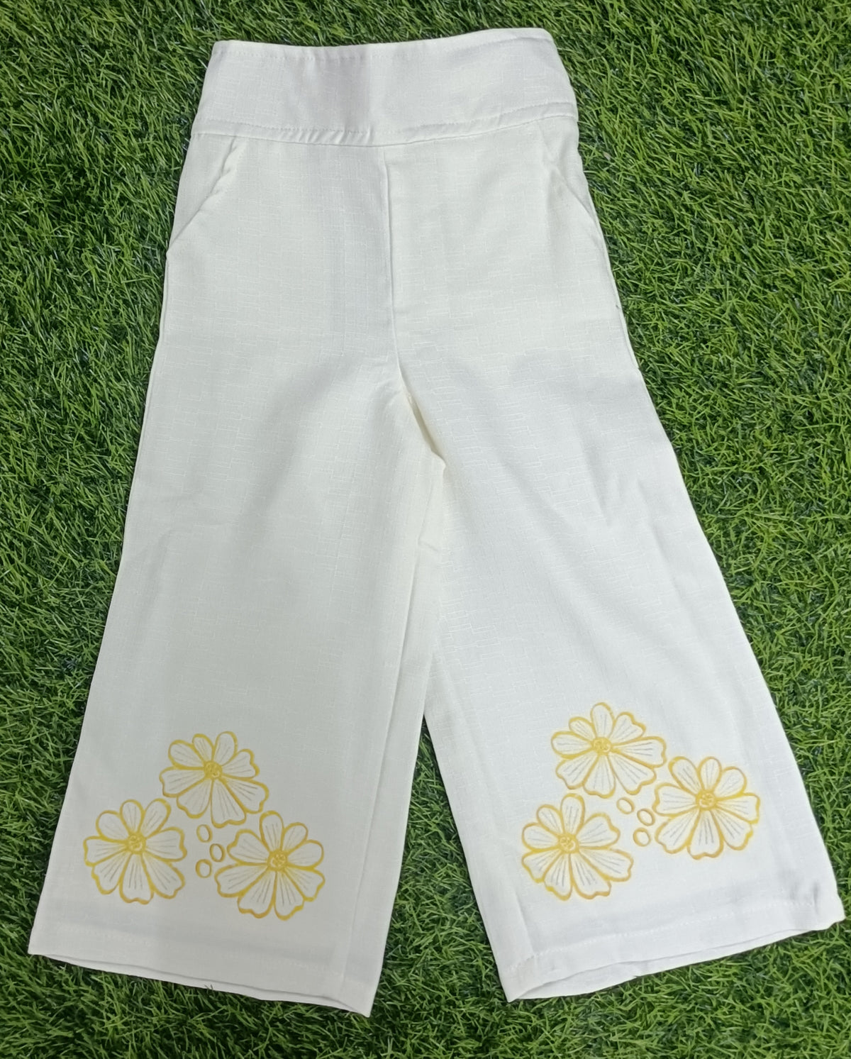 Girls Haldi Yellow Floral Embroidered Top & White Palazzo Pant Set