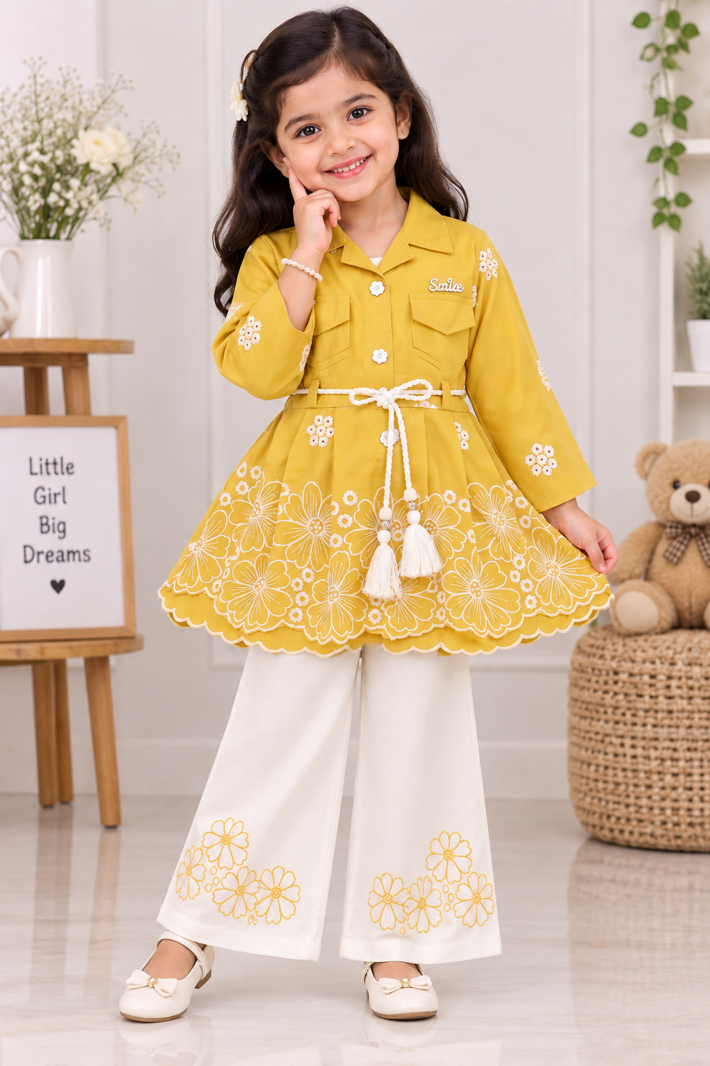 Girls Haldi Yellow Floral Embroidered Top & White Palazzo Pant Set