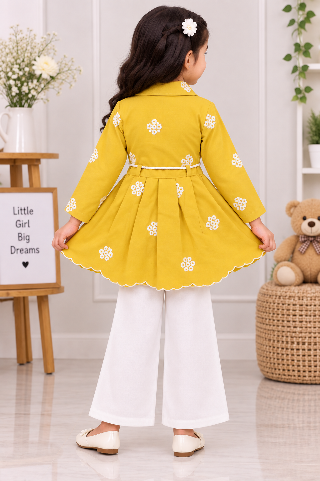 Girls Haldi Yellow Floral Embroidered Top & White Palazzo Pant Set
