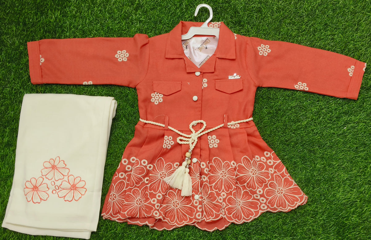 Girls Rust Orange Floral Embroidered Dress with Cream Leggings