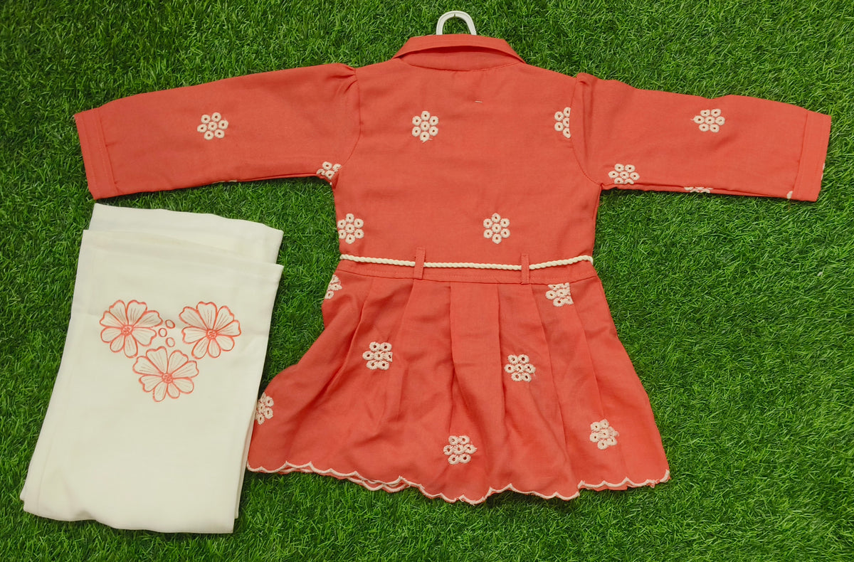 Girls Rust Orange Floral Embroidered Dress with Cream Leggings