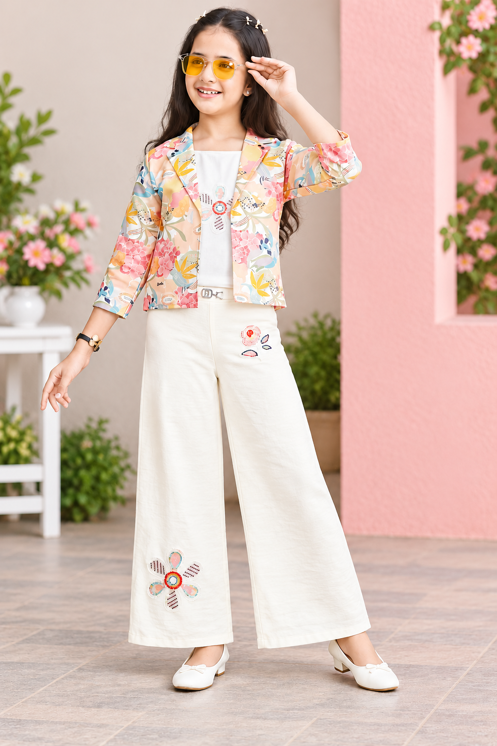 Girls Floral Blazer Party Wear Set with Wide-Leg Pants