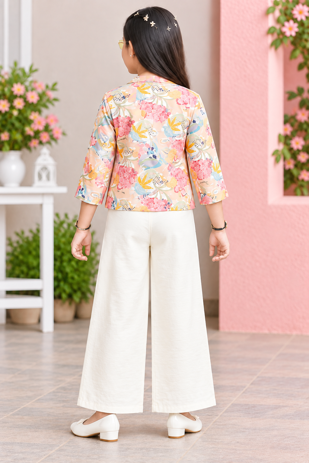 Girls Floral Blazer Party Wear Set with Wide-Leg Pants