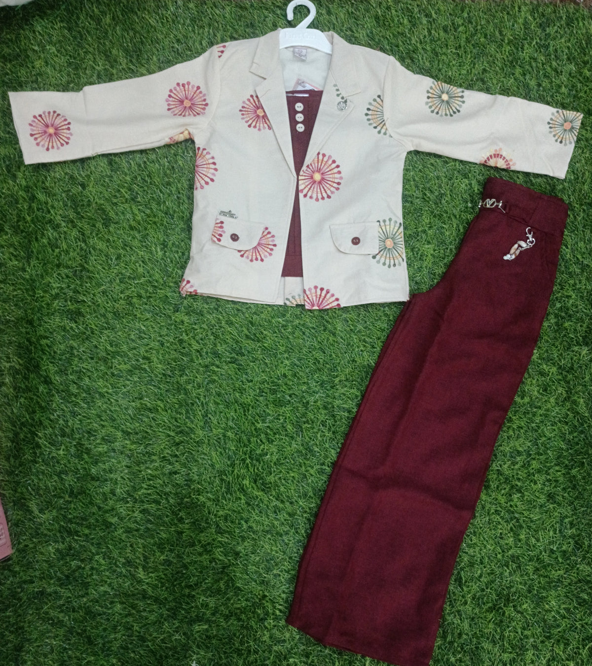 Girls Beige Printed Blazer & Maroon Palazzo Pant Party Wear Set