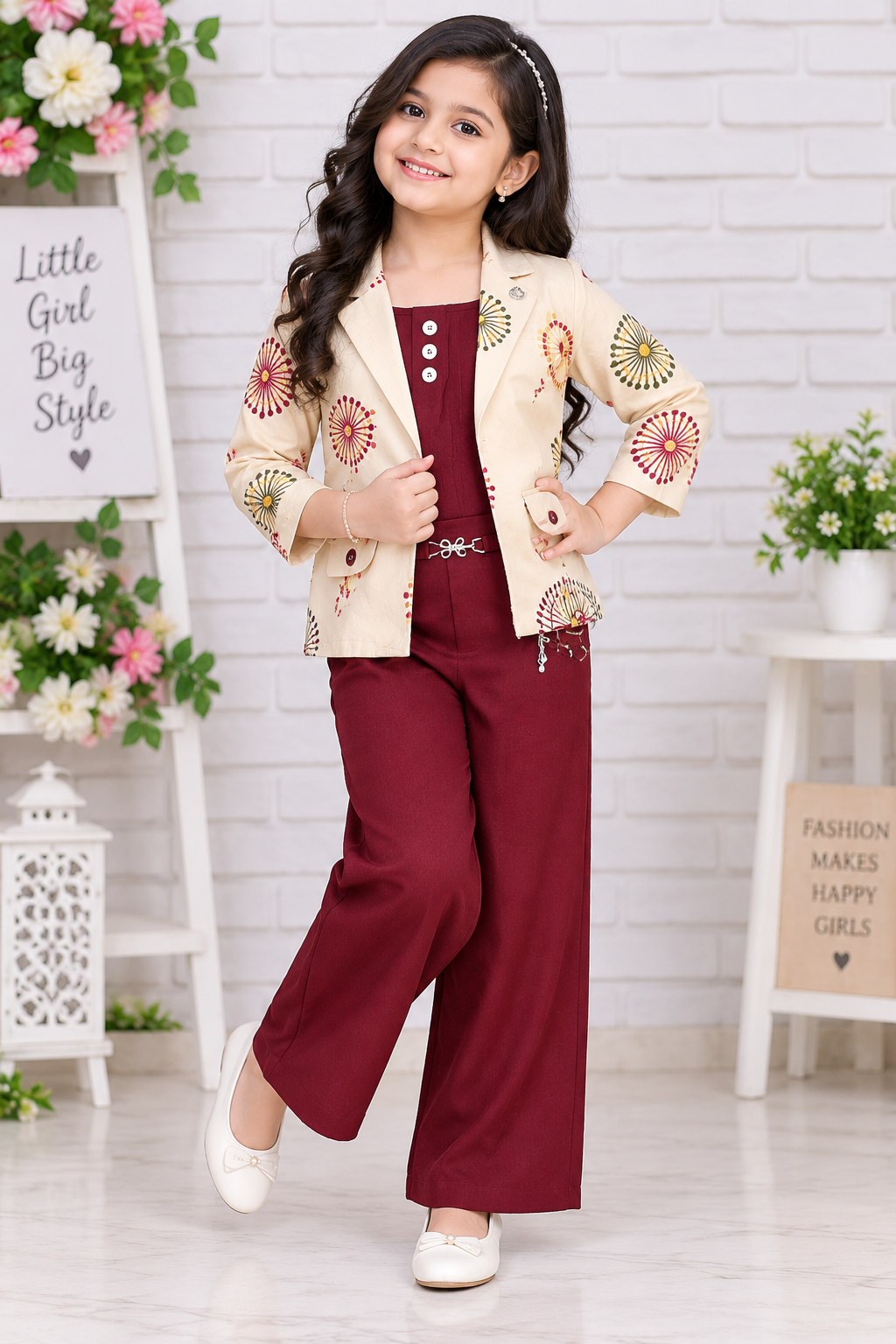 Girls Beige Printed Blazer & Maroon Palazzo Pant Party Wear Set