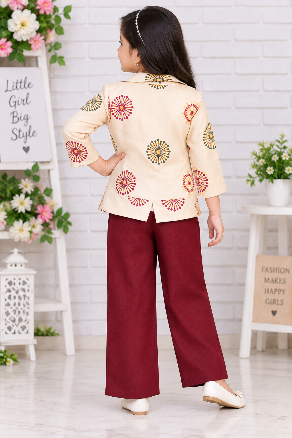 Girls Beige Printed Blazer & Maroon Palazzo Pant Party Wear Set