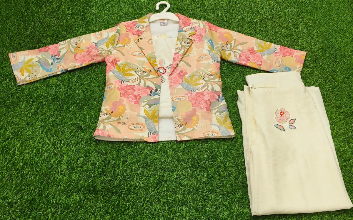 Girls Peach Floral Blazer & Cream Embroidered Palazzo Set