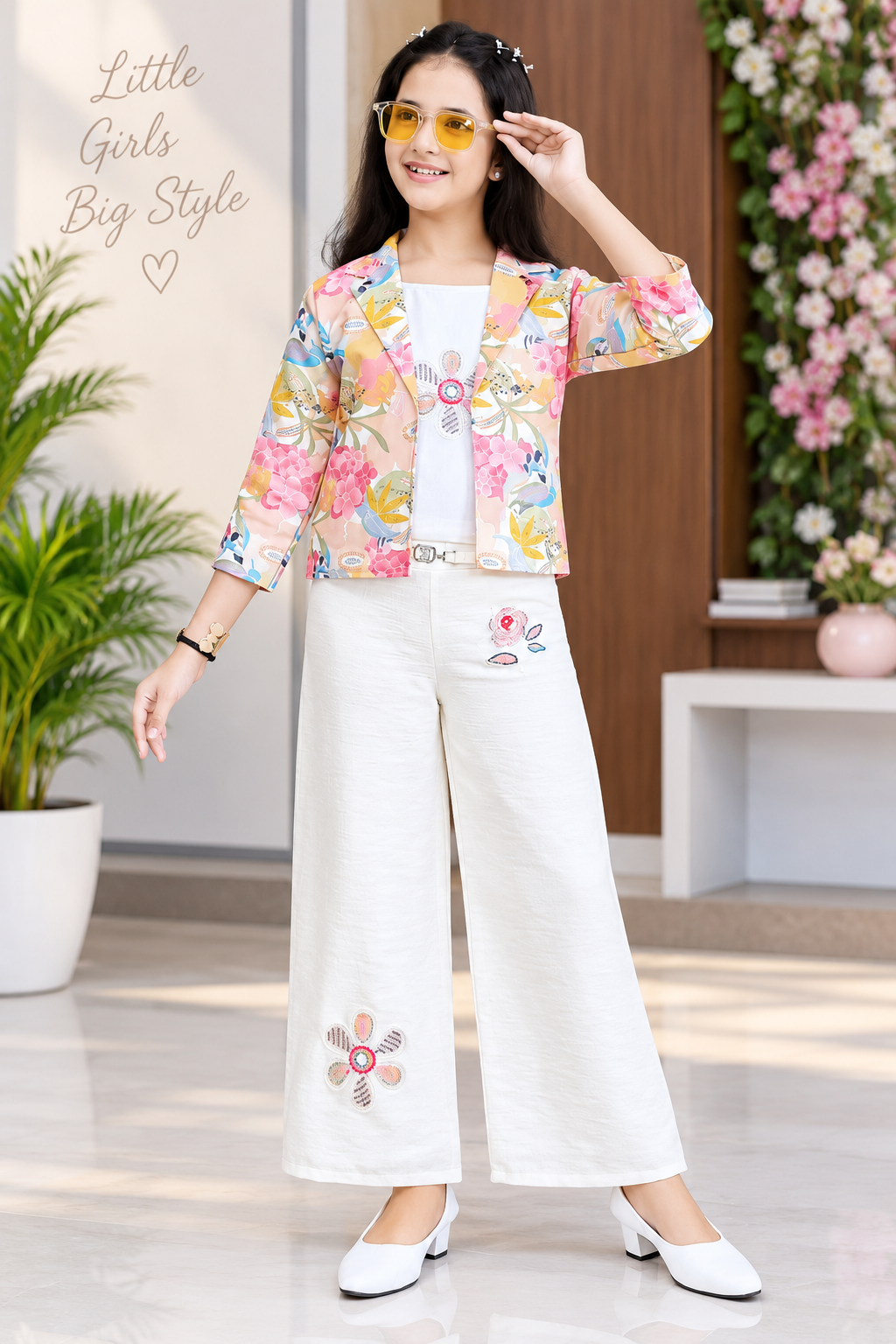 Girls Peach Floral Blazer & Cream Embroidered Palazzo Set
