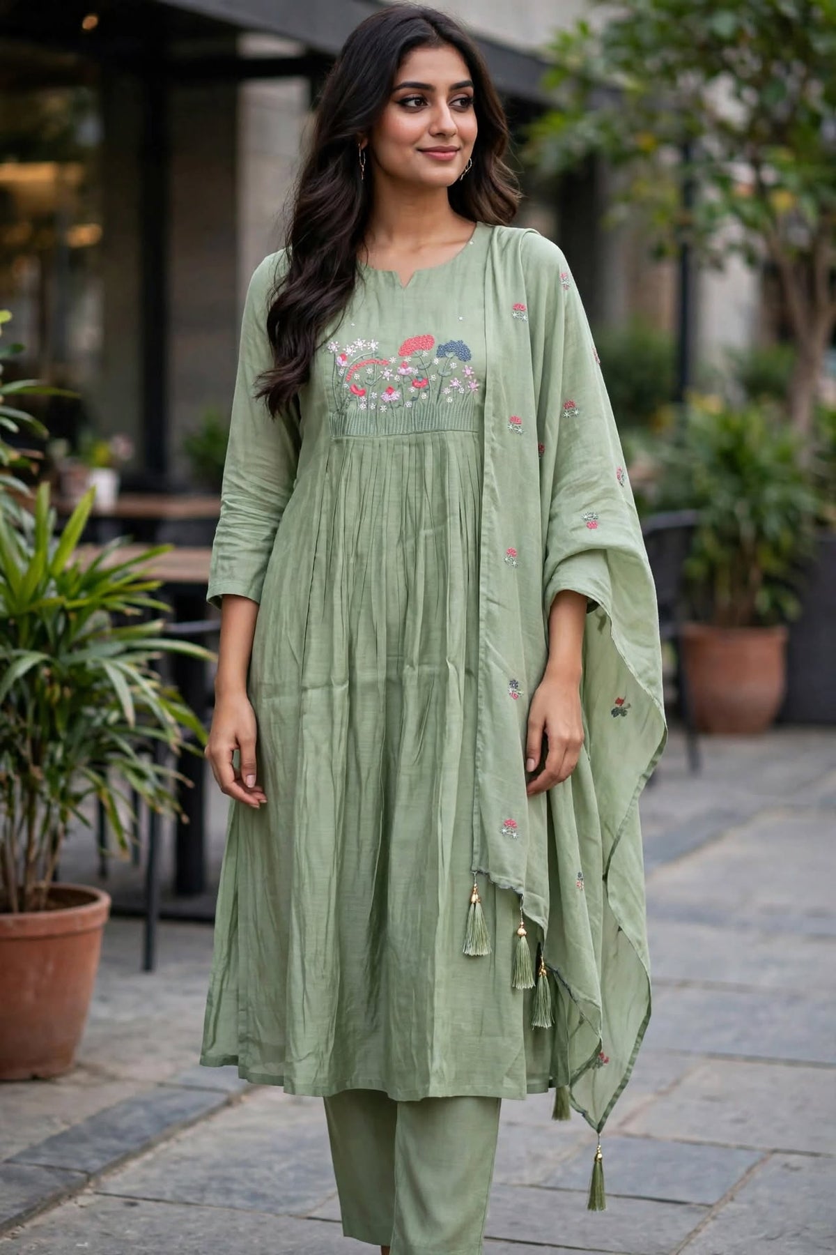 Women’s Pista Green Rayon Blend Floral Embroidered 3-Piece 3-Piece Kurti set