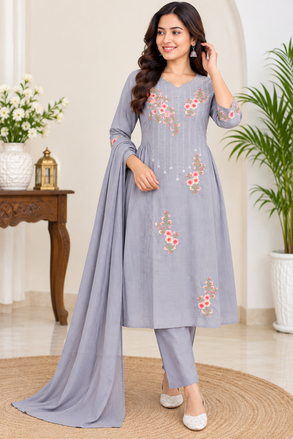 Women’s Mauve color Cotton Blend Floral Embroidered 3-Piece Kurti Set