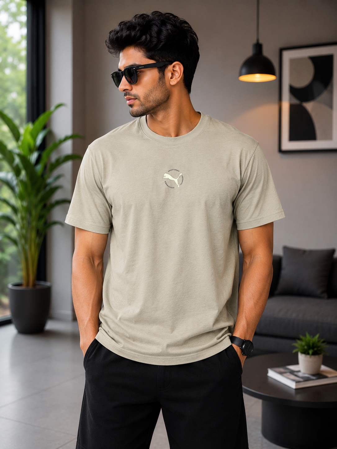 PUMA Men’s Olive Green Graphic Printed Round Neck T-Shirt