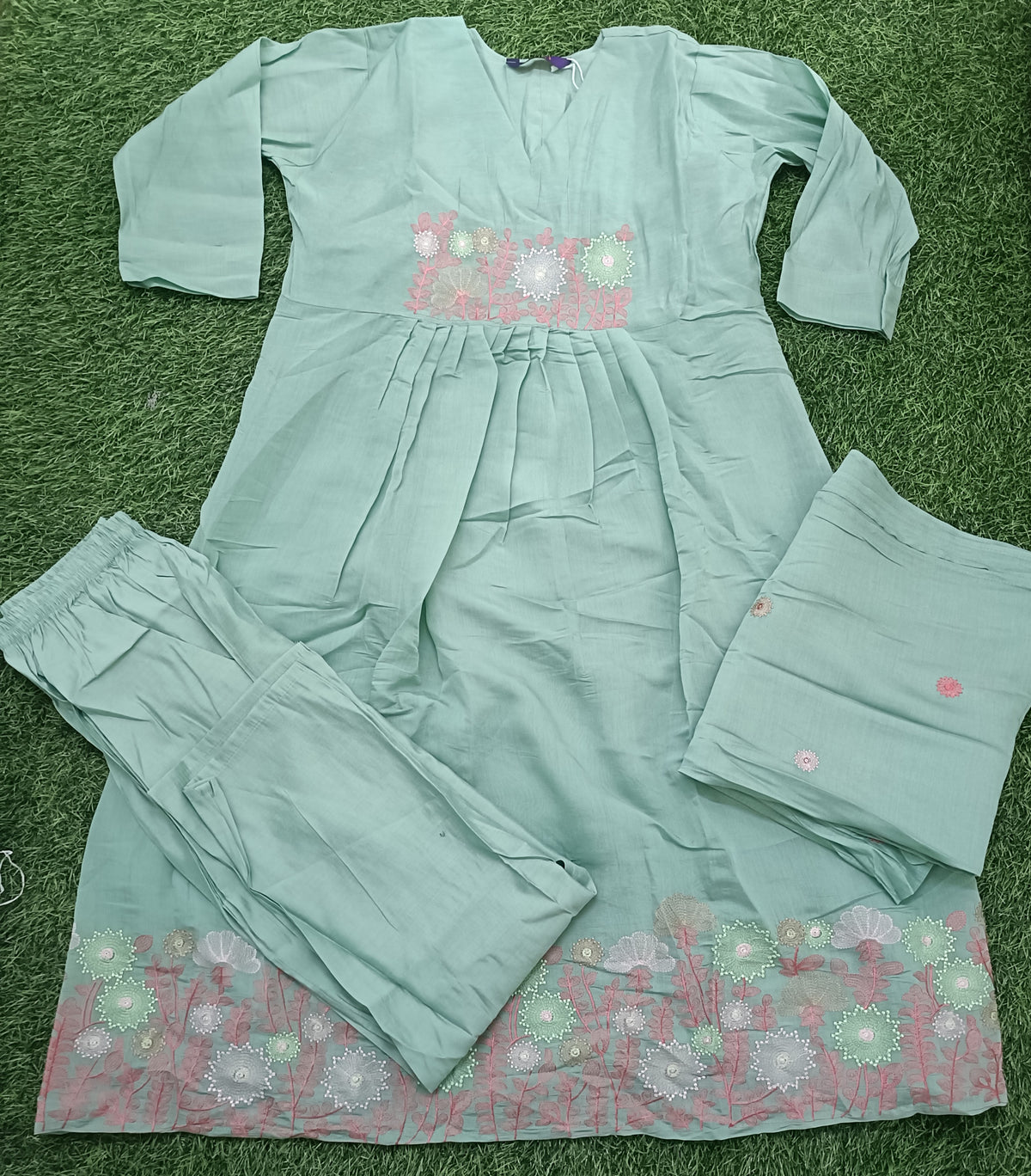 Women’s Pista Green Mulchandheri Embroidered Flared 3-Piece Kurti Set